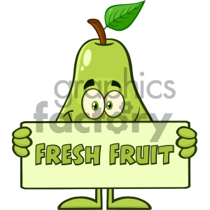 Smiling Pear Fruit With Green Leaf Cartoon Mascot Character Holding A Banner With Text Fresh Fruit