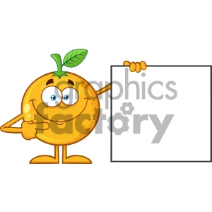 Royalty Free RF Clipart Illustration Smiling Orange Fruit Cartoon Mascot Character Pointing To A Blank Sign Vector Illustration Isolated On White Background