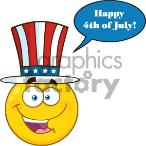 Happy Patriotic Yellow Cartoon Emoji Face Character Wearing A USA Hat With Speech Bubble And Text