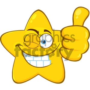Royalty Free RF Clipart Illustration Smiling Yellow Star Cartoon Emoji Face Character With Wink Expression Giving A Thumb Up Vector Illustration Isolated On White Background