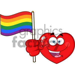 Happy Red Heart Cartoon Emoji Face Character Holding An Rainbow LGBT Pride Flag Vector Illustration Isolated On White Background