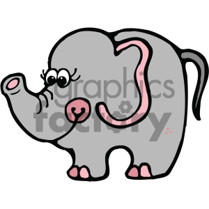 The clipart image shows a cartoon elephant that has a gray body, small eyes, and a trunk that is curved upwards. The image is in vector format, which means it can be resized without losing its quality.
