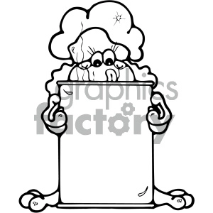 This clipart image features a cartoon of a frog wearing a chef's hat, peeking out from inside a pot. The frog's hands are resting on the edge of the pot, and there are some additional stylized details like a little shine or sparkle on the chef's hat, indicating cleanliness or newness. The frog has a whimsical expression with big cartoonish eyes and a happy smile.