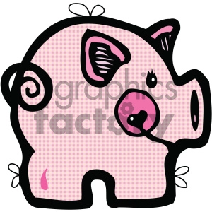 The image is a stylized clipart of a pig. The pig is mainly pink with a plaid pattern and has distinctive black outlines for its features, including the ears, eyes, tail, and snout. There are whimsical details like a curly tail, a drop detail presumably to represent a tear or water droplet, and a flower-like detail on the back of the pig's head.