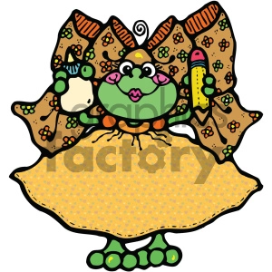 This clipart image depicts a whimsical, cartoonish frog with large, patterned wings, as if it is a fantasy creature blending attributes of frogs and butterflies. The frog is colored in shades of green with orange accents, and the wings have an array of patterns including swirls and flower-like designs. The frog is also holding onto a pencil, suggesting a playful or creative theme.