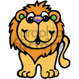 In this clipart image, there is a stylized cartoon representation of a lion. The lion appears to be standing and has a playful and friendly expression with big eyes and a large mane. The lion's fur is yellow with orange dots and patches, and parts of the mane and ears have a similar orange color. The lion's nose is purple, and it has a small tail visible behind its body.