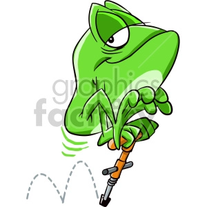The clipart image shows a cartoon character of a green frog using a pogo stick. The frog is depicted with a comical expression and appears to be jumping energetically on the pogo stick.
