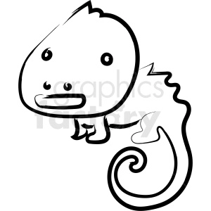 The image features a simple line drawing of a cartoon-style lizard. The lizard has a rounded body with a pronounced head, large eyes, a smiling mouth, a spiky ridge along its back, and a curling tail.
