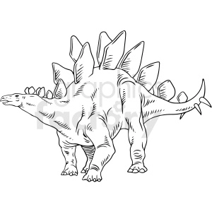 The clipart image shows a black and white illustration of a Stegosaurus dinosaur. The Stegosaurus is a herbivorous dinosaur that lived during the late Jurassic period, and its most recognizable feature is the row of plates along its back. The image depicts the full body of the dinosaur, with its four legs and tail, and the plates are visible on its back.

