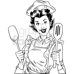 black white vintage female chef cooking dinner vector clipart