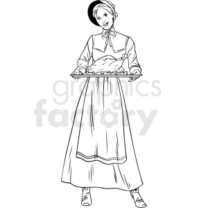 black and white realistic female pilgrim holding dinner tray vector clipart