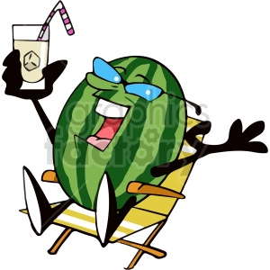 The clipart image shows a happy cartoon watermelon sitting on a lounge chair, holding a iced drink and singing.
