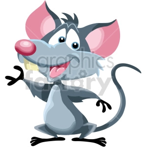 The clipart image shows a cartoon mouse or rat, depicted with gray fur, large round ears, a long tail, and big front teeth. The mouse is standing on its hind legs with its paws outstretched, as if it's either reaching for something or in a playful stance. Overall, the image portrays a cute and friendly-looking rodent.
