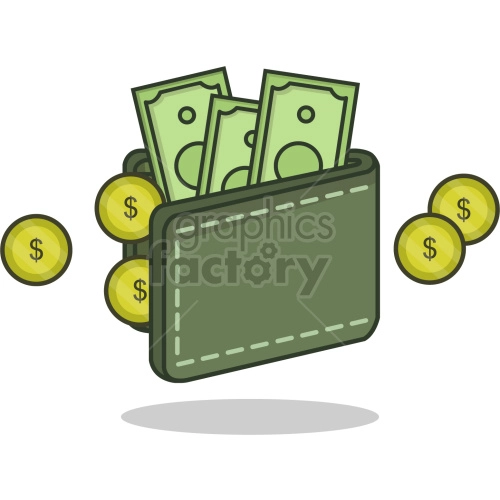 The clipart image shows a vector graphic of a wallet filled with cash, which is intended to represent money used in business.
