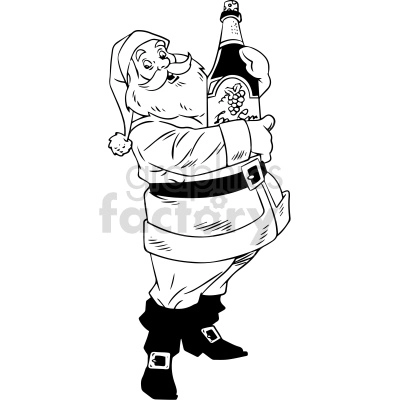 The image is a cartoon drawing of Santa Claus wearing his coat, matching hat, pants and boots. He is holding a large bottle of wine in his left hand. 