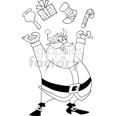 black white cartoon santa juggling gifts vector clipart