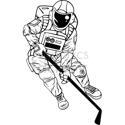 black and white astronaut playing hockey clipart