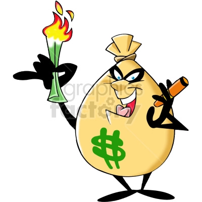 The clipart image shows a cartoon character in the shape of a bag filled with money. The bag has eyes, a mouth, and is smoking a cigar or cigarette made out of money bills. It represents the idea of money having power and being able to indulge in vices like smoking.

