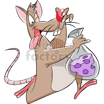 The clipart image shows a cartoon rat running while carrying a piece of cheese that appears to have a bad odor. The rat is depicted as if it has just stolen the cheese, and is looking back over its shoulder in a hurried manner. The image suggests the idea of a mouse or rat engaged in a robbery of smelly cheese.

