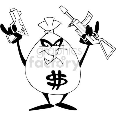 black and white cartoon money bag character robber
