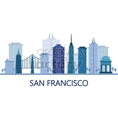 The clipart image shows an illustrated view of the San Francisco city skyline. The image features several iconic buildings and landmarks, including the Golden Gate Bridge, Transamerica Pyramid, and the Coit Tower, among others.
