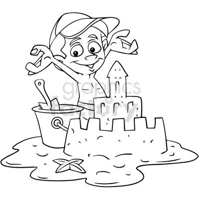 black and white cartoon boy building sand castle vector clip art