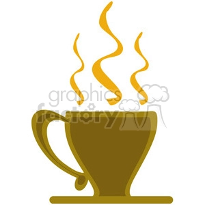 The clipart image depicts a steaming hot coffee cup. The cup is designed in a solid olive or brown color, accompanied by stylized wavy lines above it representing steam, indicating that the beverage is hot. The steam lines are yellow or gold in color, adding contrast against the color of the cup.