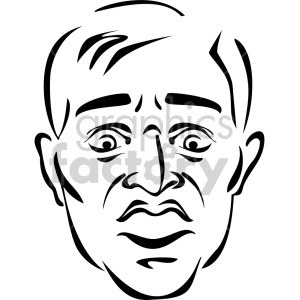 This clipart image depicts the black and white line art of a man's face showing an expression of surprise or shock. Notable features include raised eyebrows, wide-open eyes, a slightly open mouth, and crease lines indicating a furrowed brow.