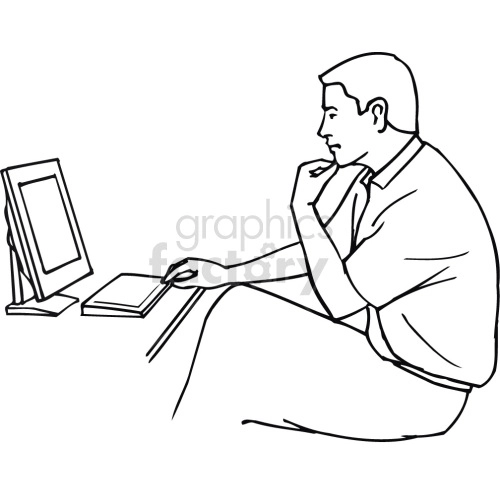 The clipart image depicts a person sitting in front of a computer screen and typing on a keyboard. The person is likely a software engineer or computer programmer, as indicated by the keywords. The image is in black and white.
