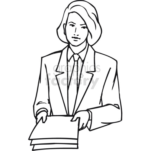 The clipart image depicts a female lawyer, dressed in business attire and holding a stack of case files. The image is in black and white. The woman is reading a contract or legal document, suggesting that she is reviewing the details of a legal case.
