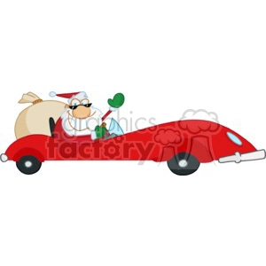 Santa Claus in a red sports car with a bag of gifts