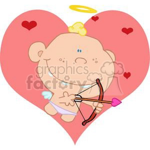 Cupid with bow and arrow in front of a big pink heart