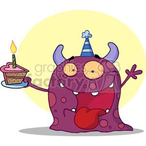 Happy Purple Horned Monster Celebrates Birthday With Cake