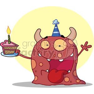 Happy Red-Monster Celebrates Birthday With Cake