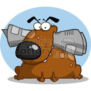 The clipart image features a cartoonish brown dog with large eyes and a black nose. The dog appears to be chewing on a gray object that looks like a newspaper. There are a few spots on the dog's fur, and it's sitting with a surprised expression against a light blue circular background.