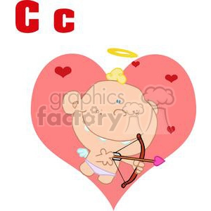 Cupid with a bow and arrow in front of a big pink heart