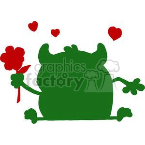 Green monster silhouette with hearts holding a flower