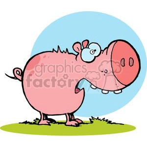 The clipart image shows a comical, cartoonish depiction of a pink pig standing on a grassy area with blue sky in the background. The pig has a large round body with a big snout, wide eyes that pop out in a funny manner, and a small curly tail. It appears to be smiling or squealing 