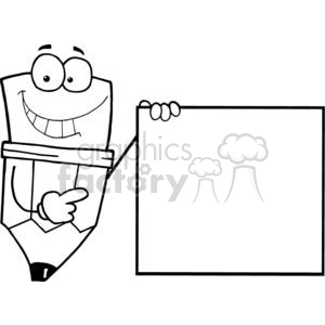 The clipart image features an anthropomorphic pencil character with eyes, mouth, and limbs. The pencil is holding a large blank sign with a smile on its face, seemingly presenting the sign for use. The sign has a space for text or additional graphics.