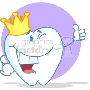 In this clipart image, there is a cartoon-style drawing of a happy anthropomorphic tooth wearing a golden crown. The tooth is winking and giving a thumbs up with one hand. 