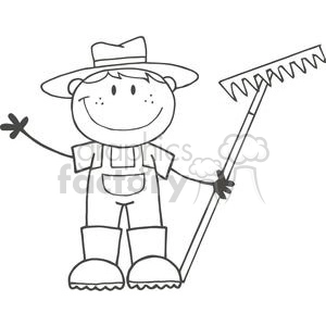 black and white farmer boy holding a rake