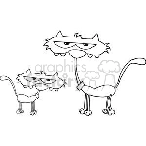 The clipart image features two stylized comical cats. Both cats have exaggerated, grumpy expressions with slanted eyes and downturned mouths. One cat is standing with a long neck and a lean body, while the other is sitting with a compressed neck and a rounder body shape. Their tails are both upright and have pointed ends. The image is depicted in a simplistic black and white line drawing style.