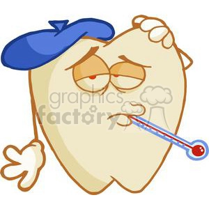 The clipart image shows a caricature of a tooth that appears to be unwell or sick. The tooth has a sad or fatigued facial expression, with drooping eyes that have red veins, suggesting illness. It is wearing an ice pack on its head, indicating a fever or pain, along with a thermometer in its mouth which has a high temperature reading. Furthermore, the tooth has a hand raised as if to indicate discomfort. It could represent a bad tooth.