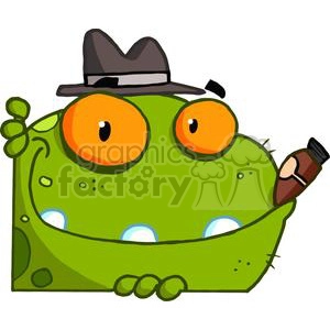 green frog with orange eyes and a cigar in its mouth