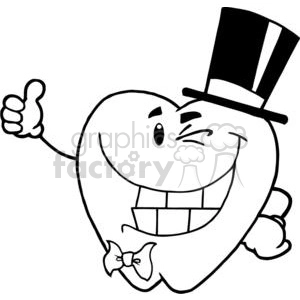 The image is a black and white clipart of a stylized, anthropomorphic tooth. It features a large, happy smiling tooth wearing a top hat and bow tie, giving a thumbs-up. It has a face with eyes and a mouth, and it appears to be winking.