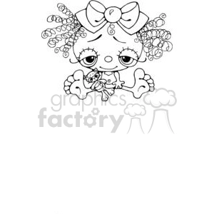 The image is a black and white line drawing of a cartoon-style girl with curly hair tied up with a bow. She has large eyes and is playfully sitting down with a teddy bear in her left hand. The drawing seems designed for coloring activities.