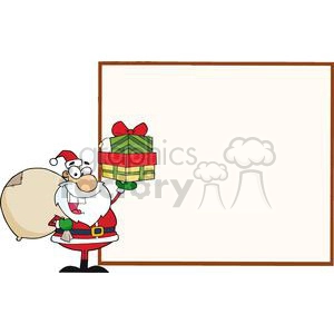 Jolly-Santa-Holding-A-Sack-Over-His-Shoulder-And-Gifts-Presenting-A-Blank-Sign-Board