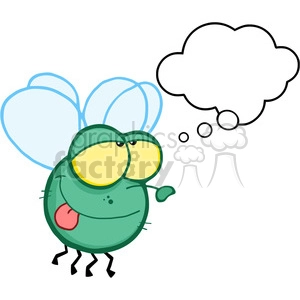The clipart image features a comical, cartoon-style drawing of a green fly. The fly has oversized yellow eyes, blue transparent wings, a tiny arm gesturing upwards, and is sticking out its red tongue. Beside the fly, there's a thought bubble indicating that the fly is thinking or daydreaming about something, though the thought bubble is empty, waiting for someone to fill with imagination.