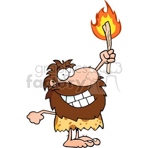 The clipart image depicts a cartoon character of a happy caveman, holding a stick on fire. The image is comical in nature, with exaggerated features such as the caveman's large nose and toothy grin. It is created in a vector format, allowing for scalability without loss of quality.
