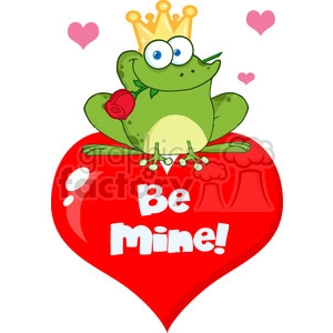The clipart image shows a cartoon depiction of a frog prince sitting on top of a red heart. The frog is wearing a crown and has a smile on his face, with a rose through the mouth. The image may be associated with the fairy tale 'The Frog Prince', in which a frog is transformed into a prince through a kiss from a princess. The heart says 